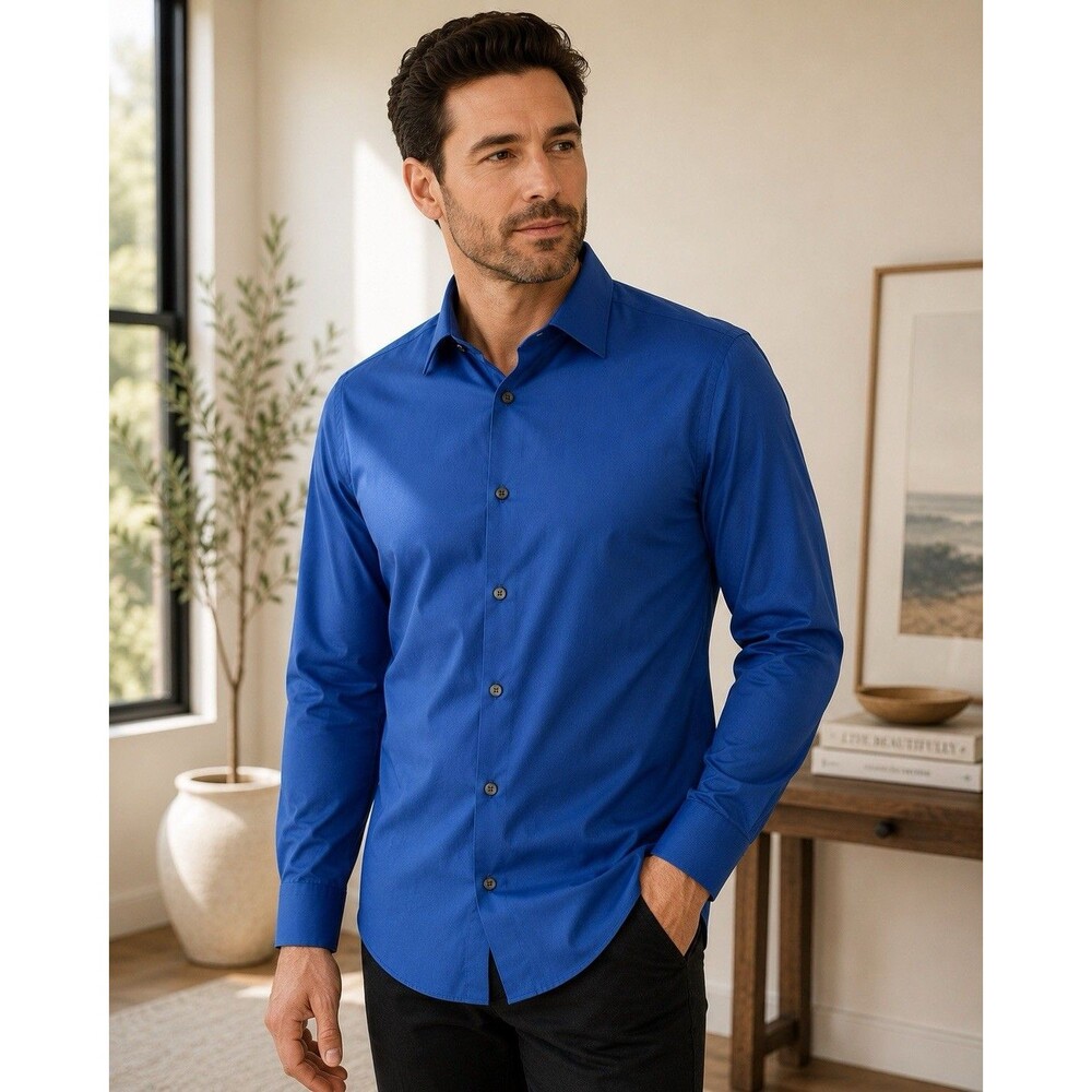 Calvin Klein Men’s Medium Slim Fit Stretch Dress Shirt Blue Button Front Long SL